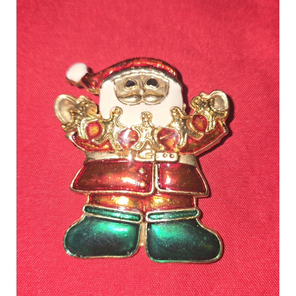 Vintage Santa Claus Holding Gingerbread Man Garland Christmas Brooch Pin